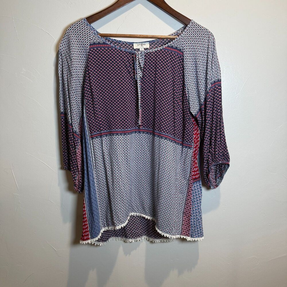 Umgee Block Print Floral Top Cotton Blend Women's Size Small